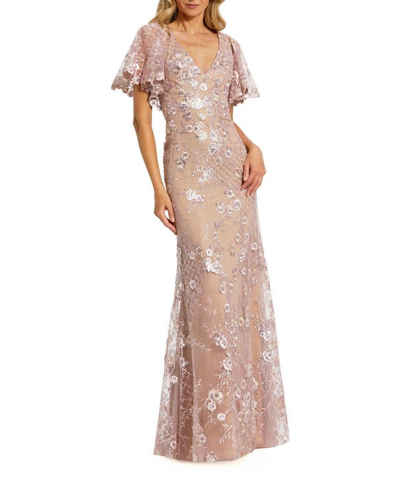 マックダガル レディース トップス ワンピース Vネック レース Mac Duggal Embellished Lace V Neck Butterfly Sleeve Gown Rose Pink ピンク