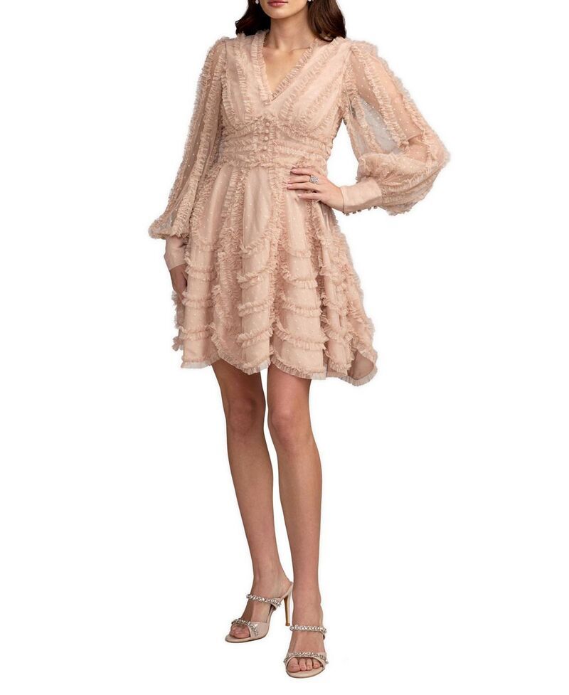 マックダガル レディース トップス ワンピース Vネック ティアード フリル ミニ スカート Mac Duggal Ruffle Trim VNeck Long Sleeve Mini Dress with Tiered Skirt Bisque