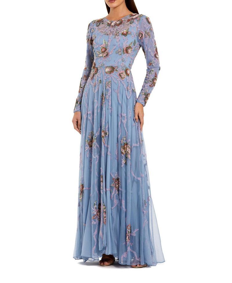 マックダガル レディース トップス ワンピース A ライン フラワー柄 フラワー Mac Duggalong Sleevembellished Floral ALineveningown Slate Blue スレート