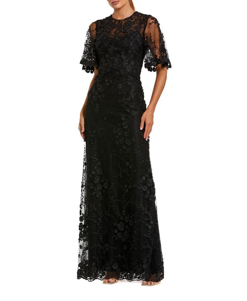 マックダガル レディース トップス ワンピース フラワー柄 刺繍 フラワー Mac Duggal Flutter Sleeve Floral Embroidered Net Gown Black ブラック