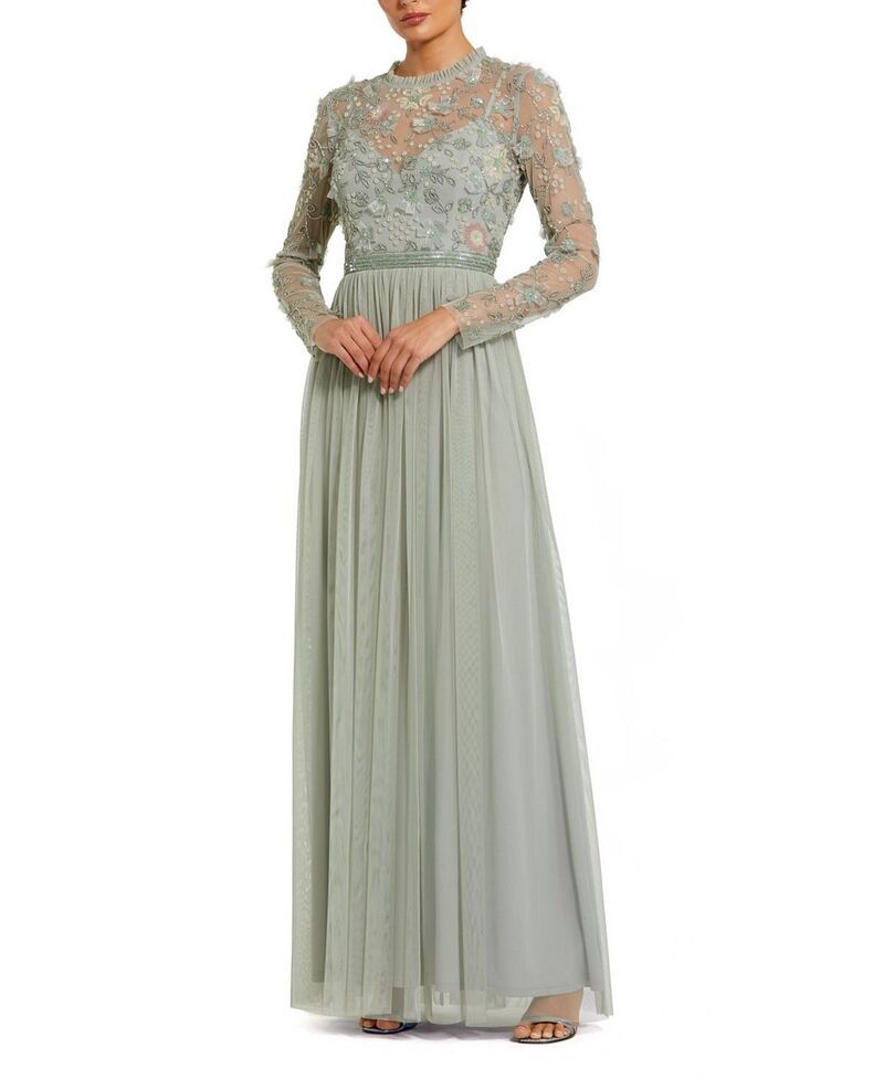 マックダガル レディース トップス ワンピース ハイネック Mac Duggal Embellished Illusion High Neck Long Sleeve Gown Sage セージ