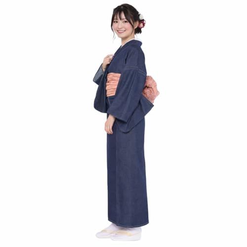 [和遊楽] デニム着物 レディース 洗える着物 木綿着物 対丈 カジュアル着物 普段着着物 インディゴ 綿100% ポケット付きpms 459fb05e
