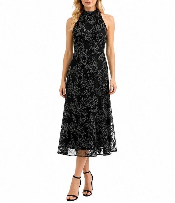 サムエデルマン レディース トップス ワンピース ミディ ノースリーブ 刺繍 ホルター Sam Edelman Halter Embroidered Sleeveless Midi Dress Black ブラック