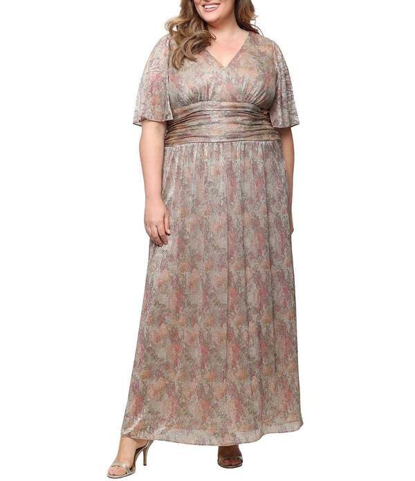 イグナイト レディース トップス ワンピース プラスサイズ プリント ギャザー Ignitevenings Plusize Surplice Neck Ruched Waist Flutter Sleeve Printed Long Bodress Gold