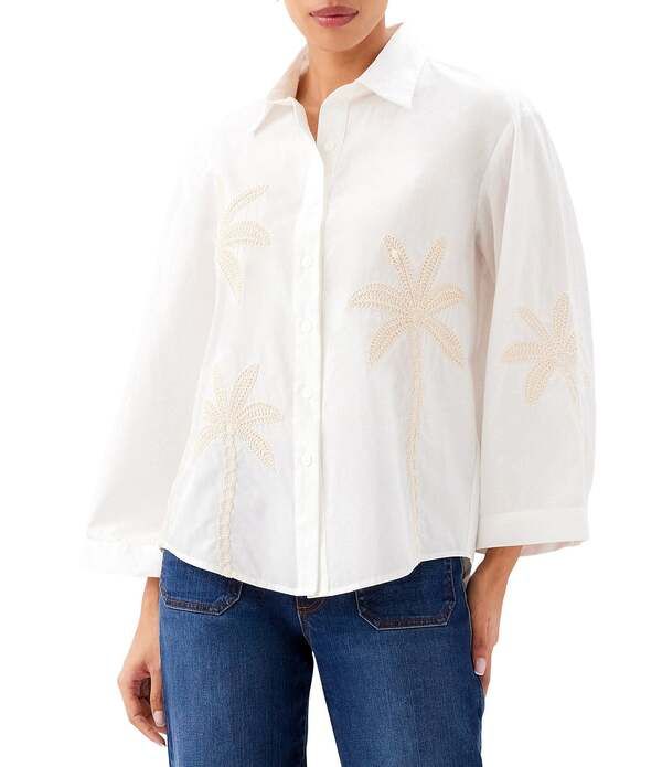 カレンケーン レディース トップス シャツ コットン Karen Kane Woven Cotton Palm Tree Point Collar Long Bell Sleeve Button Front Shirt Off White オフホワイト
