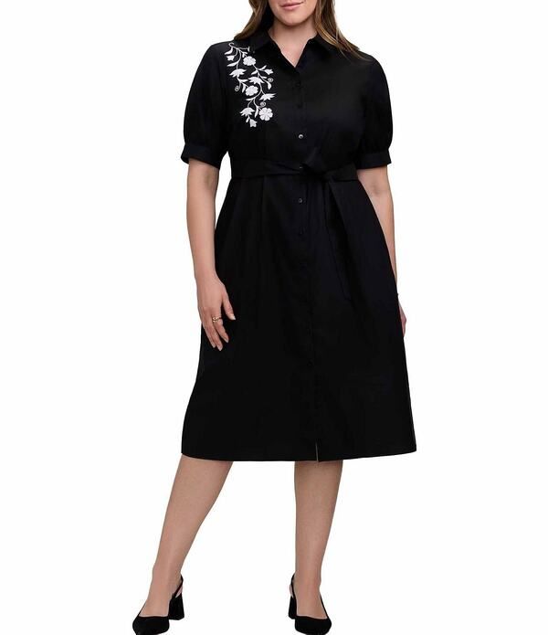 フォックスクラフト レディース トップス ワンピース プラスサイズ シャツ コットン 刺繍 Foxcroft Plusize CottonBlend Embroidered Collared Puff Sleeve ButtonFront Shirt Dres