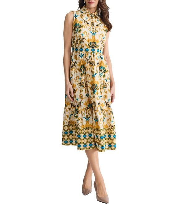カスパール レディース トップス ワンピース プリント シャツ ノースリーブ Kasper Sleeveless Printed Poplin Shirt Dress Butterscotch Multi マルチカラー