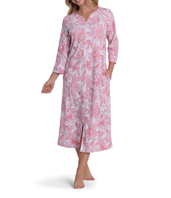 ミス エレーン レディース アンダーウェア ナイトウェア Vネック フラワー柄 プリント ニット フラワー Miss Elaine Interlocknit Floral Tapestry Print 34 Sleeve VNeck Long Zip Robe