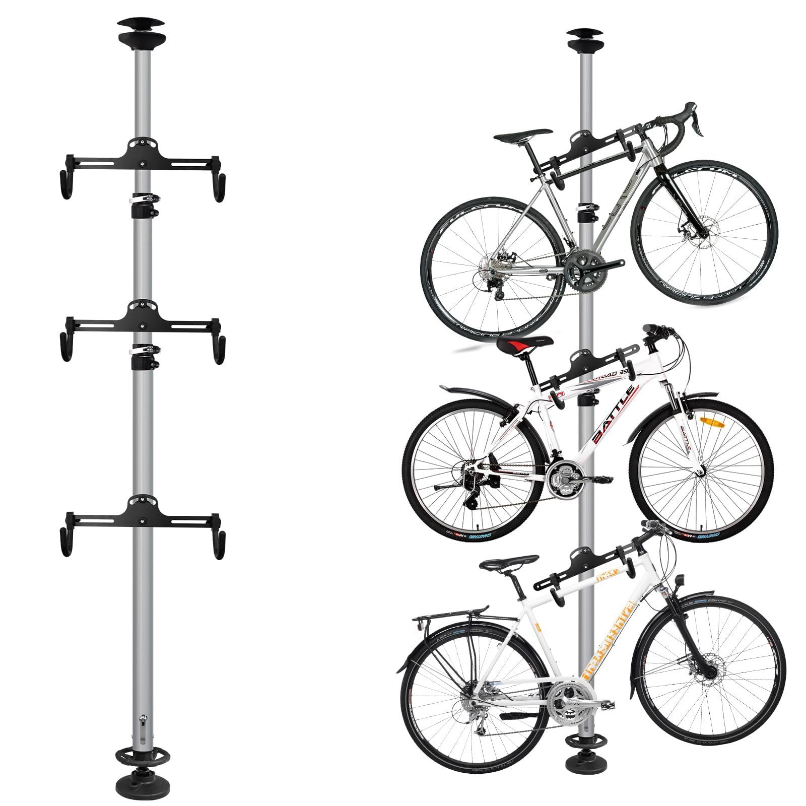 HEEOREV 自転車スタンド サイクルスタンド【サイズ 146cm~362cm 、3台収納】 電動自転車 高さ調節 ディスプレイ バイクタワー 頑丈 転倒防止 防錆 耐腐食性 ロードバイク 玄関収納・ 屋外収納 展示スタ ンド【シルバー】