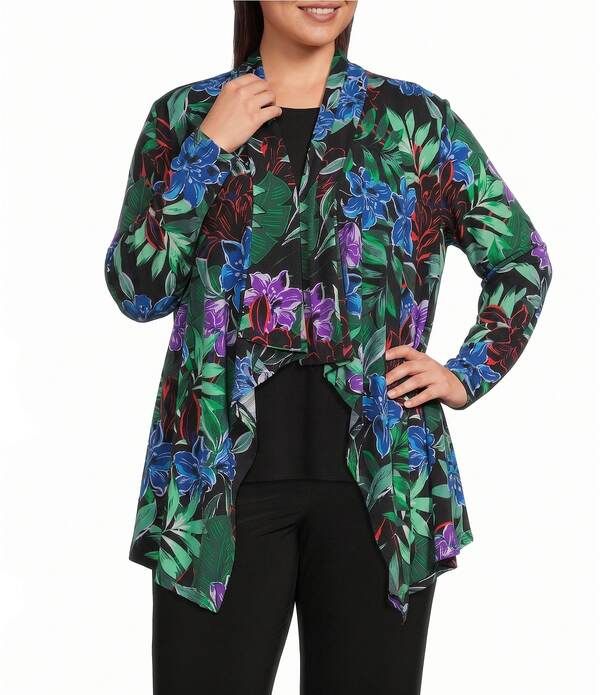 インベストメンツ レディース アウター コート プラスサイズ プリント ジャケット Investments Plusize Soft Separates Tropic Garden Print Long Sleeve Open Front Jacketropi