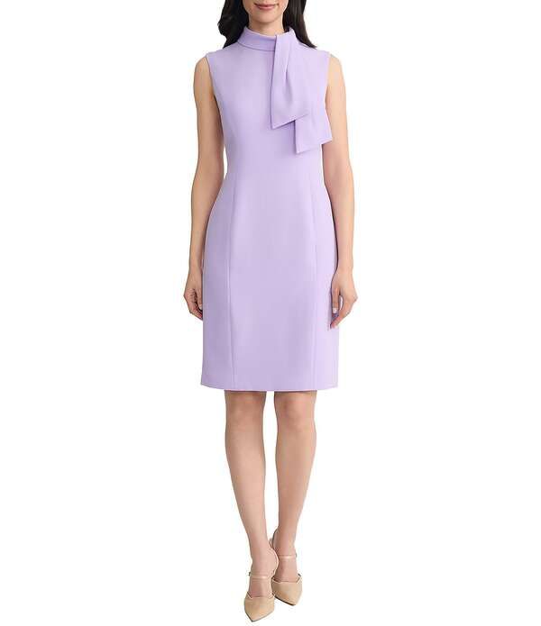 カスパール レディース トップス ワンピース クレープチ ノースリーブ Kasper Petite Size Crepe Mock Tie Neck Sleevelessheath Dress lavender Mist ラベンダー