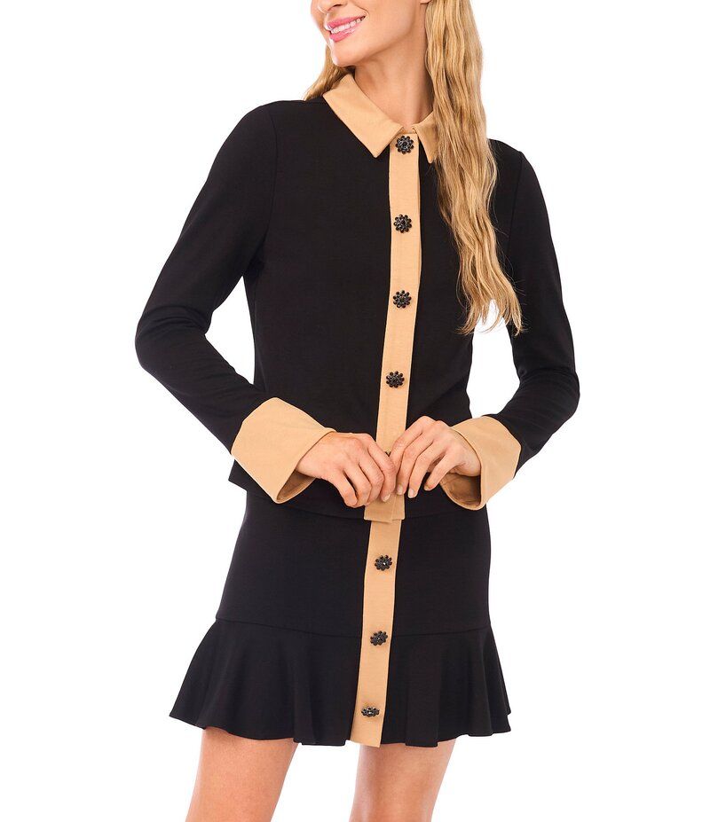セセ レディース トップス シャツ ボタンダウン ニット CeCe Knit Point Collar Long Sleeve Button Down Top Rich Black ブラック