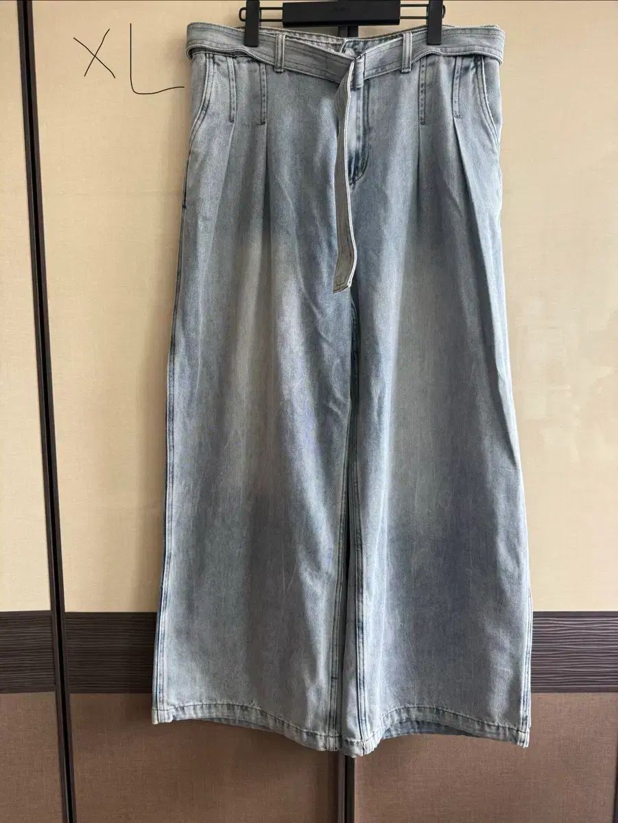 DNSRライク リネン ベルト付き デニム パンツ ブルー