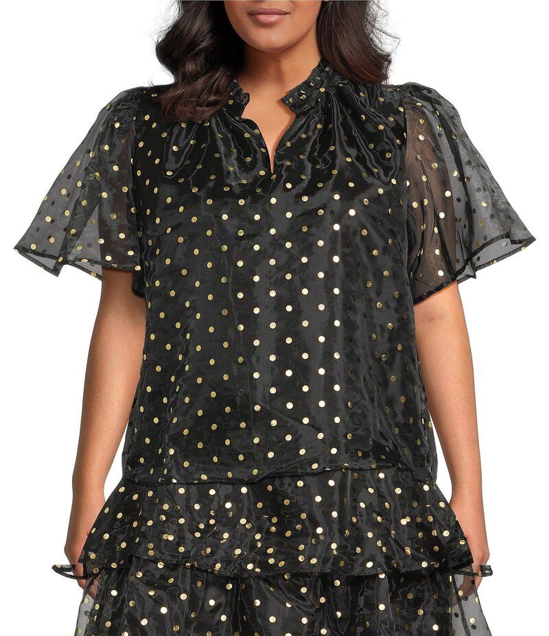 シュガーリップス レディース トップス シャツ ドット柄 Vネック ドット プラスサイズ シアー Sugarlips Plusize Coordinating Polka Dot Organza Split VNeck Sheer Short Sleeve T