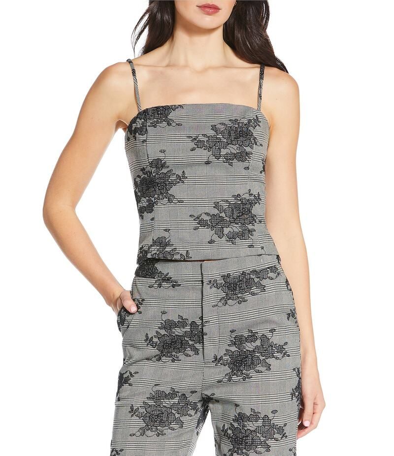 ルーシーパリ レディース トップス シャツ フラワー柄 ノースリーブ 刺繍 フラワー Lucy Paris Heather Woven Floral Embroidered Square Neck Sleeveless Top Grey グレー