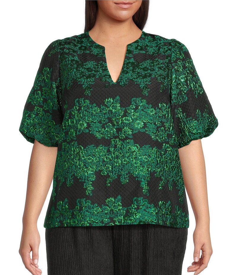 シュガーリップス レディース トップス シャツ Vネック フラワー柄 プラスサイズ フラワー Sugarlips Plus Elyna Floral Jacquard Alena Split VNeck Puff Sleeves Pullover Top Gr