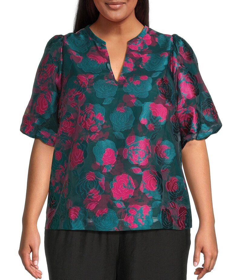 シュガーリップス レディース トップス シャツ プラスサイズ Sugarlips Plus Kaelani Jacquard Tavia Split Neck Short Bubble Sleeve Top TealPink ティール