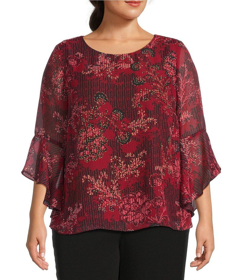 カスパール レディース トップス シャツ シフォン フラワー柄 プラスサイズ プリント フリル ブラウス フラワー Kasper Plusize Chiffon Floral Print Boat Neck Long Ruffle Sleeve Blouse