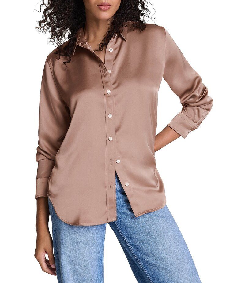 スパンク レディース トップス シャツ Spanx Woven Point Collar Long Sleeve Button Frontop Cafe Au Lait