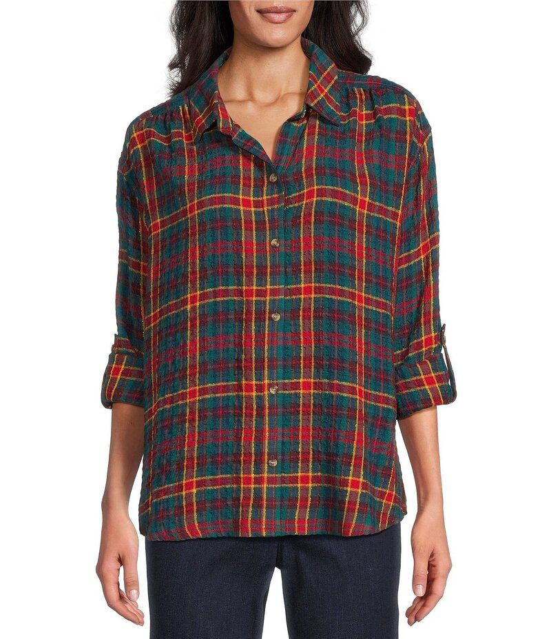 イントロ レディース トップス シャツ ボタンダウン プリント ダウン Intro Plaid Print Gold Lurex Detailong RollTab Sleeve Button Down Swing Shirt New Red Amore wi