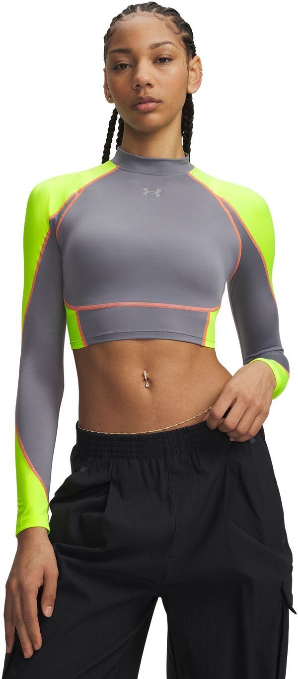 【送料無料】 アンダーアーマー レディース シャツ トップス Under Armour Womens HeatGear Elite Crop Mock Long Sleeve Titan GrayHigh Vis YellowReflective