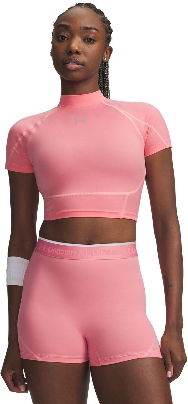 【送料無料】 アンダーアーマー レディース シャツ トップス Under Armour Womens HeatGear Elite Crop Mock Short Sleeve Bittersweet PinkReflective