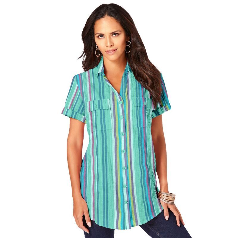 ロアマンズ レディース トップス Tシャツ プラスサイズ Roamans Womens Plusize Seersucker Shirt Jade Seersucker Stripe ストライプ