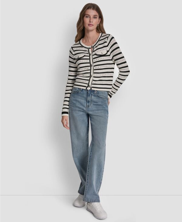 ダナキャランニューヨーク レディース アウター ニット・セーター クルーネック DKNY Jeans Womens Crew Neck Pointelle Sweater Ivoryblack アイボリー