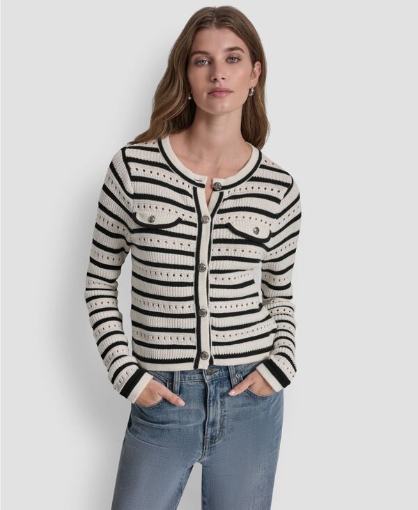 ダナキャランニューヨーク レディース アウター ニット・セーター クルーネック DKNY Jeans Womens Crew Neck Pointelle Sweater Ivoryblack アイボリー