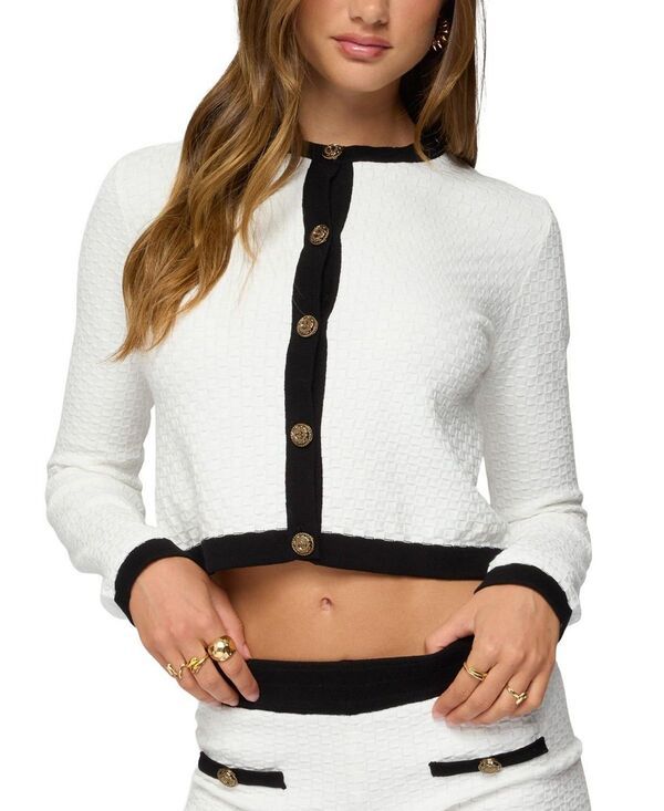 アディクテッド レディース アウター カーディガン コントラスト ニット Edikted Mara Contrastextured Knit Cardigan White ホワイト