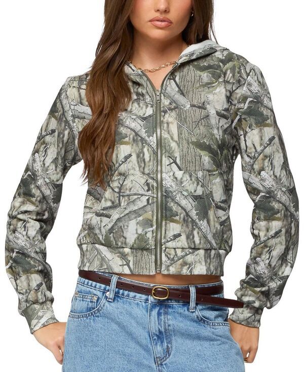 アディクテッド レディース アウター パーカー・スウェット Edikted Tayler Camo Zip Up Hoodie Olive オリーブ