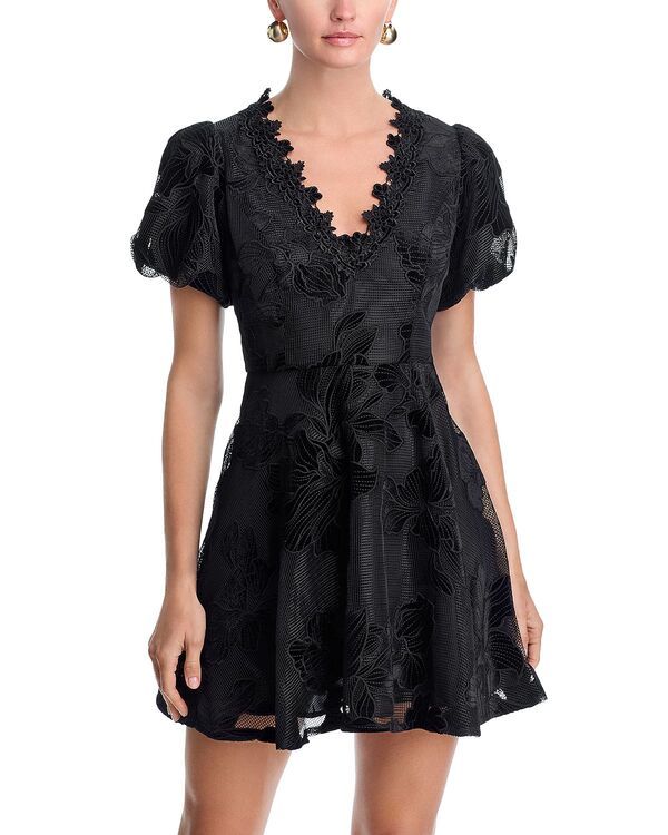 アクア レディース トップス ワンピース ミニ レース AQUA Lace Puff Sleeve Mini Dress Exclusive Black ブラック