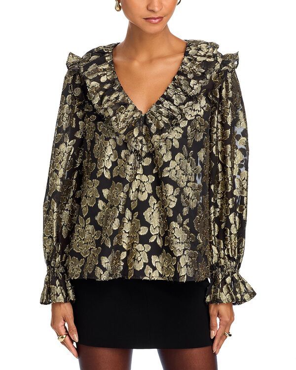 アクア レディース トップス シャツ フリル トール AQUA Metallic Jacquard Ruffle Neck Top Exclusive BlackGold ブラック