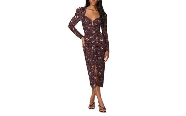 アストール レディース トップス ワンピース ギャザー メッシュ ミディ ASTR the Labelong Sleeve Mesh Ruched Midi Dress Burgundy Floral バーガンディ