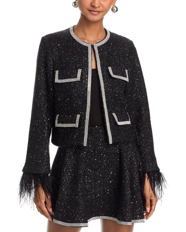 アクア レディース アウター ジャケット・ブルゾン ツイード AQUA Rhinestone Feather Tweed Jacket Exclusive Black ブラック