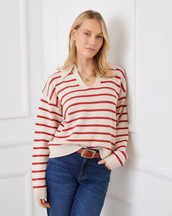 カレンケーン レディース アウター ニット・セーター ポロシャツ Karen Kane Stripe Polo Sweater Ecru Tomato エクリュ