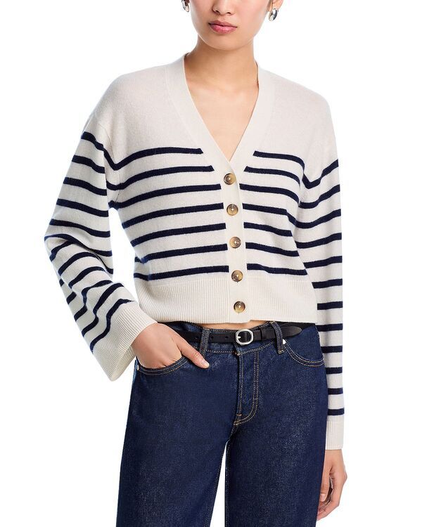アクア レディース アウター カーディガン Vネック セーター AQUA 100 Cashmere V Neck Cardigan Sweater Exclusive IvoryPeacock Stripe アイボリー