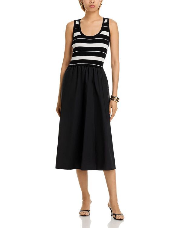 ティー・タハリ レディース トップス ワンピース ミディ Tahari Stripe Scoop Neck Mixed Media Midi Dress BlackWhite ホワイト