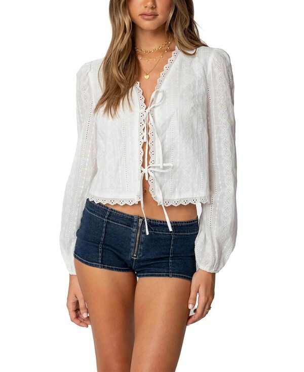 アディクテッド レディース トップス シャツ コットン レース Edikted Lesley Cotton Lace Tie Frontop White ホワイト