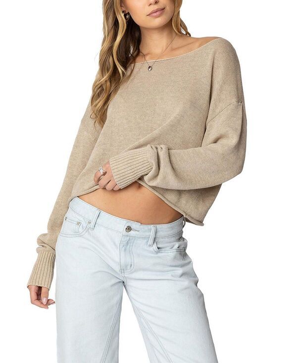 アディクテッド レディース アウター ニット・セーター Edikted Aviv Wide Neck Oversized Sweater Beige ベージュ