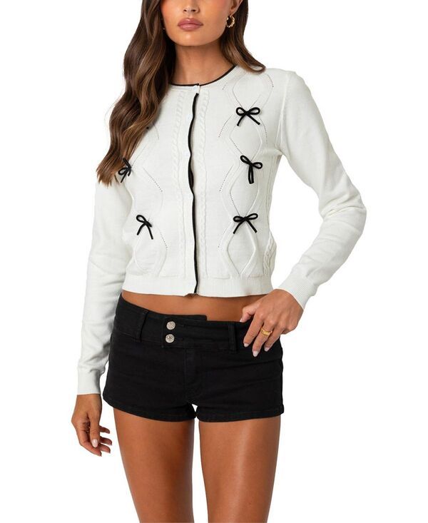 アディクテッド レディース アウター カーディガン コントラスト ニット Edikted Contrast Bow Knit Cardigan Cream クリーム