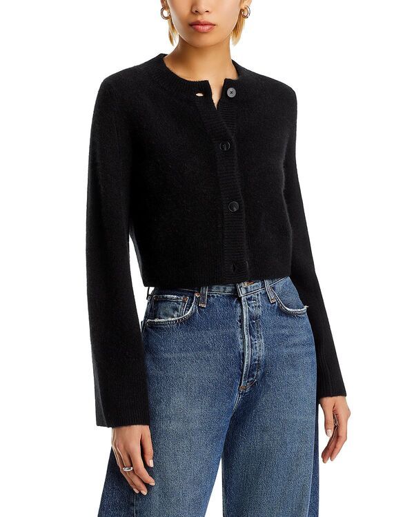 アクア レディース アウター カーディガン クルーネックロップド AQUA 100 Cashmere Cropped Wide Sleeve Crewneck Cardigan Exclusive Black ブラック