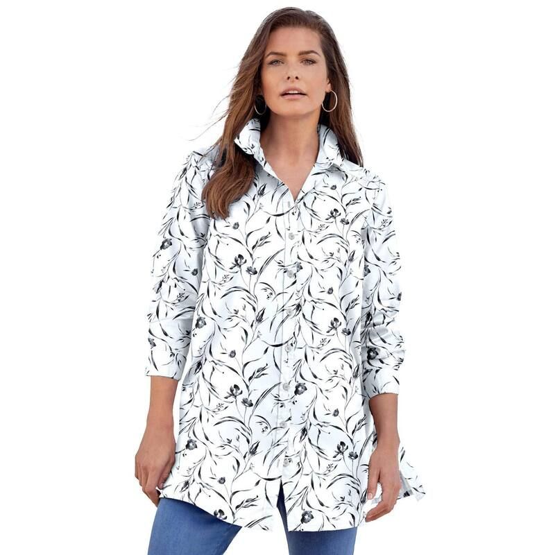 ロアマンズ レディース トップス Tシャツ プラスサイズ コットン 長袖 Roamans Womens Plusize Kate LongSleeve Crisp CottonBlend ButtonFrontunic White Painterly Vine