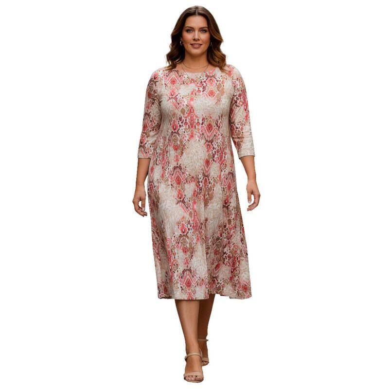 ロアマンズ レディース トップス ワンピース プラスサイズ Roamans Womens Plusize 34 Sleeve Boatneck Swing Dress White Animal Ikat ホワイト