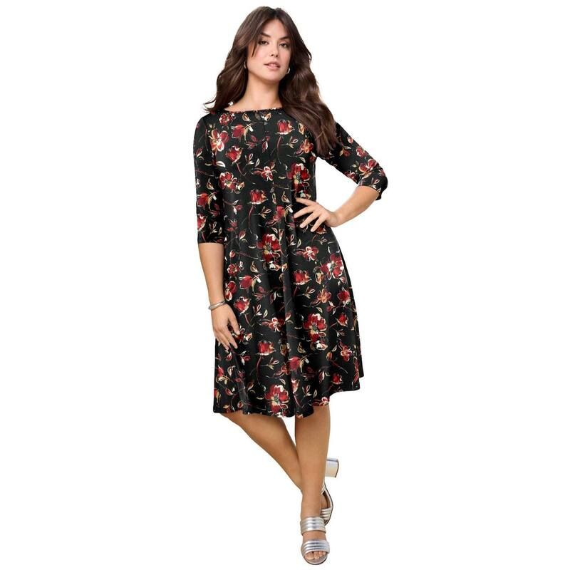 ロアマンズ レディース トップス ワンピース プラスサイズ Roamans Womens Plusize 34 Sleeve Boatneck Swing Dress Gold Sketch Blossoms ゴールド