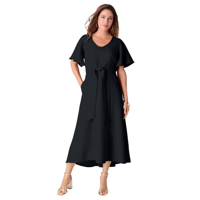 ロアマンズ レディース トップス ワンピース Vネック プラスサイズ マキシ Roamans Womens Plusize Flutter Sleeve VNeck Fit And Flare BiStretch Maxi Dress Black ブラック