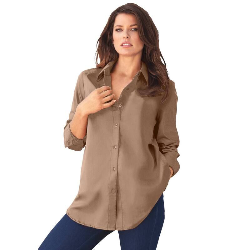 ロアマンズ レディース トップス シャツ プラスサイズ コットン Roamans Womens Plusize Kate Long Sleeveasy CottonBlend ButtonFront Shirt Brown Sugar ブラウン