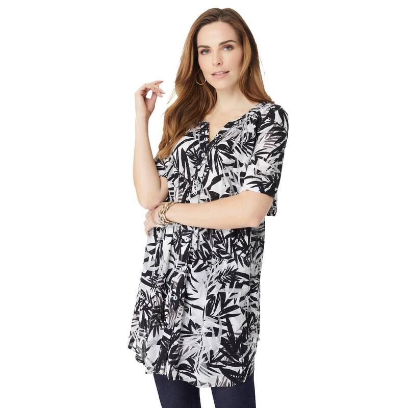 ロアマンズ レディース トップス Tシャツ プラスサイズ Roamans Womens Plusize Angelina Tunic Top Short Sleeve Flowy Fit Everyday Comfort Grey Tropicaleaves