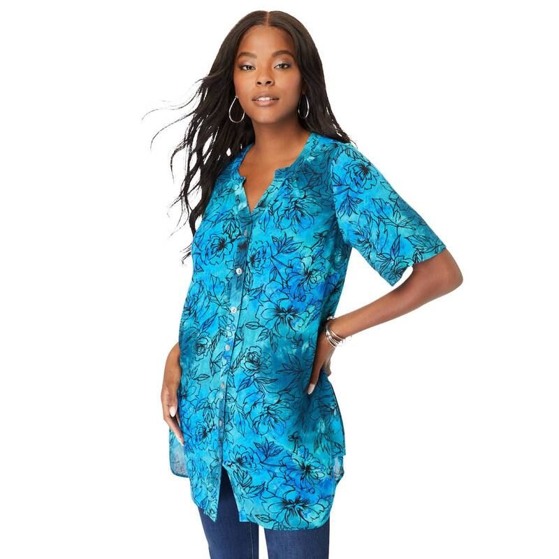 ロアマンズ レディース トップス Tシャツ プラスサイズ Roamans Womens Plusize Angelina Tunic Top Short Sleeve Flowy Fit Everyday Comfort Deep Turquoise Tie