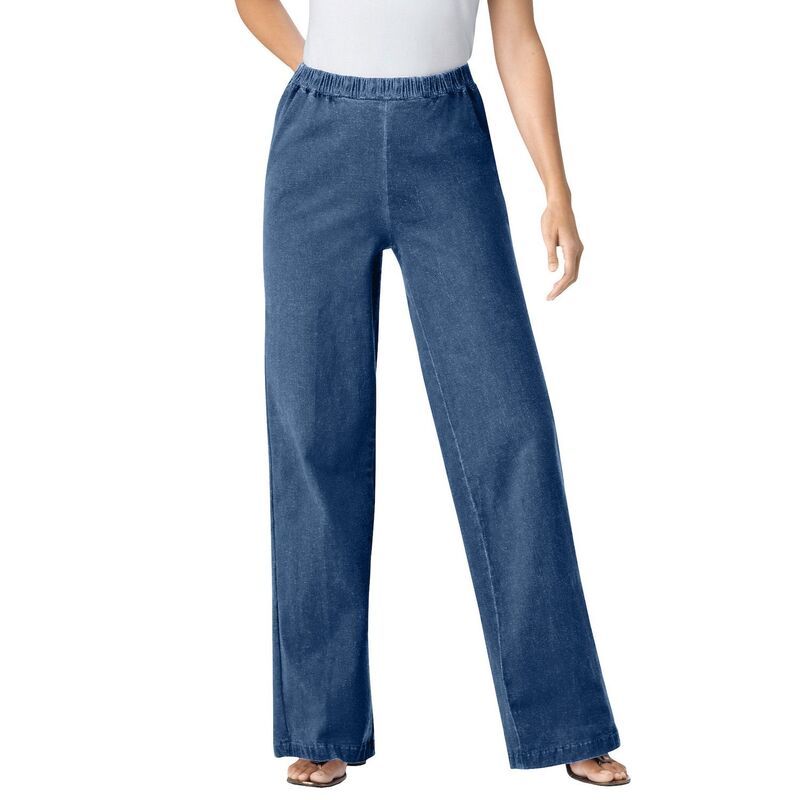 ウーマン ウィズイン レディース ボトムス デニムパンツ プラスサイズ プチ ジーンズ Woman Within Plusize Petite Fineline Stretch Denim WideLeg PullOn Jeans Medium Stonewa